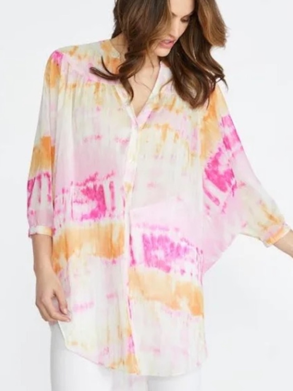 NWT Badgley Mischka Tie-Dye Button-Up Tunic Blouse - Size S